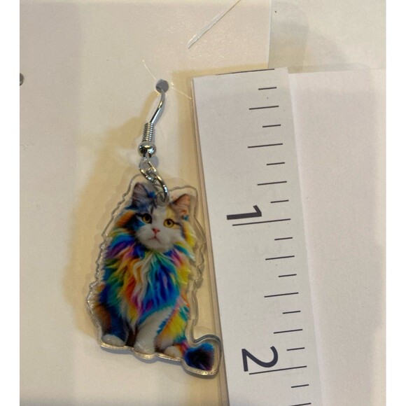 Earrings Rainbow Calico Cat Dangle Whimsical Drop Statement Jewelry Unique Kitty - Picture 5 of 6